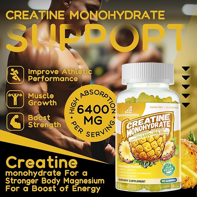 Creatine Monohydrate Gummies Complex 6400mg for Men & Women -Advanced Formula W/L-Taurine + Vitamin B12, Sugar Free Chewable Supplement,90 Pineapple Gummies