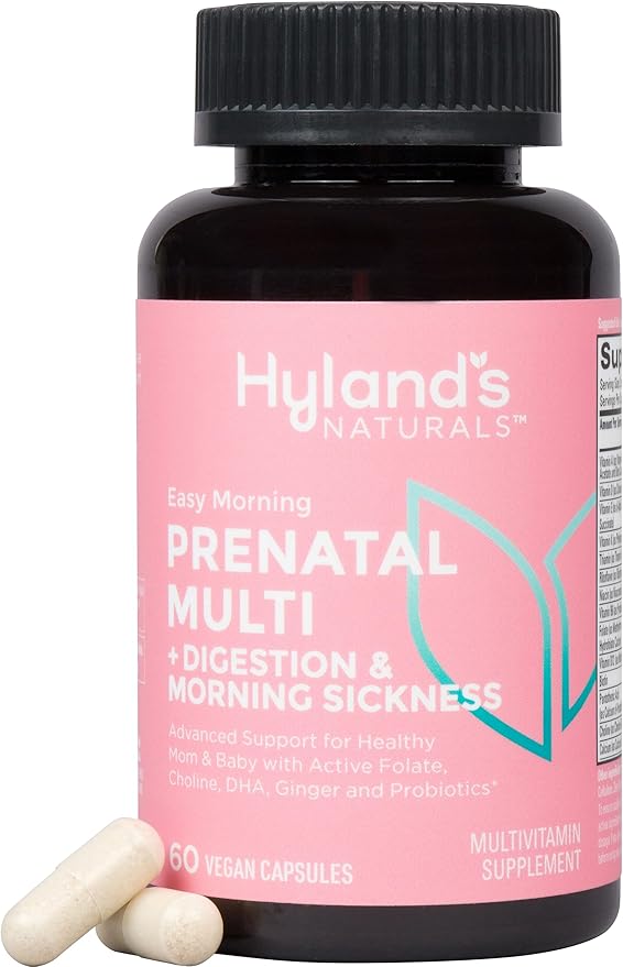Hyland's Easy Morning Prenatal Multivitamin + Digestive Health & Morning Sickness Relief - 60 Vegan Capsules - with Folate, Choline, Zinc, Ginger Root, Prebiotics and Algae DHA