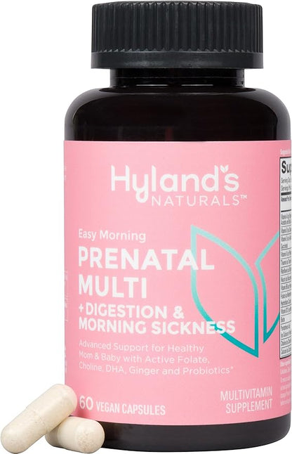 Hyland's Easy Morning Prenatal Multivitamin + Digestive Health & Morning Sickness Relief - 60 Vegan Capsules - with Folate, Choline, Zinc, Ginger Root, Prebiotics and Algae DHA