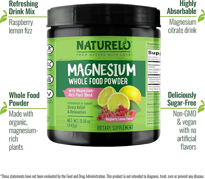 NATURELO Magnesium Powder - Whole Food Calm Magnesium Powder with Quinoa, Cauliflower, & Flaxseed for Stress Relief, Raspberry Lemon 85 Servings, 15oz