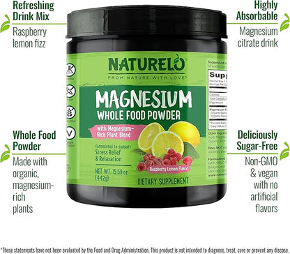 NATURELO Magnesium Powder - Whole Food Calm Magnesium Powder with Quinoa, Cauliflower, & Flaxseed for Stress Relief, Raspberry Lemon 85 Servings, 15oz