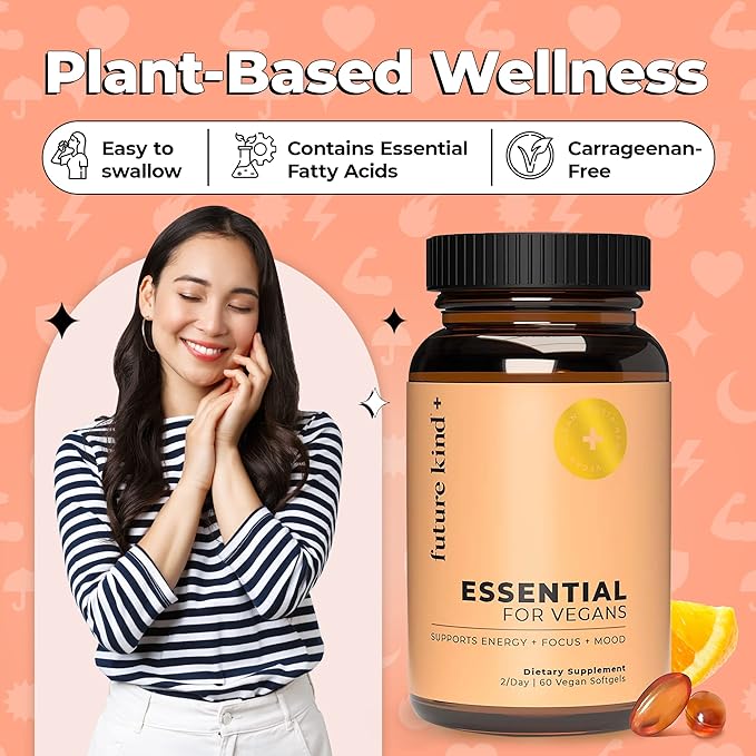 Future Kind Vegan Multivitamins - Glass Bottle & Made for Vegans w/Omega 3 DHA+EPA, Vitamin B12 & D3 - Vegan Vitamin for Energy, Focus, & Mood - Vegan Vitamins for Women & Men, 60 Tiny Softgels