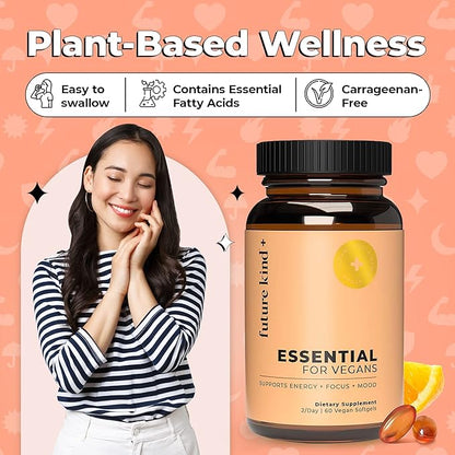 Future Kind Vegan Multivitamins - Glass Bottle & Made for Vegans w/Omega 3 DHA+EPA, Vitamin B12 & D3 - Vegan Vitamin for Energy, Focus, & Mood - Vegan Vitamins for Women & Men, 60 Tiny Softgels