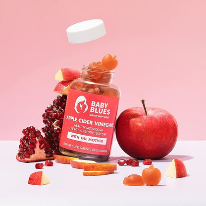 Baby Blues Apple Cider Vinegar Gummies - Vegan, Non-GMO & Gluten-Free, Postpartum Dietary Supplement with Both Vitamin B-6 & B12, 60 Pieces per Bottle