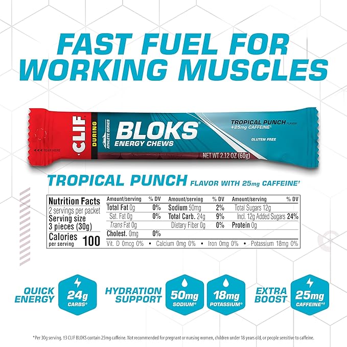CLIF BLOKS - Tropical Punch Flavor with Caffeine - Energy Chews - Non-GMO - Plant Based - Fast Fuel for Cycling and Running - Quick Carbohydrates and Electrolytes - 2.12 oz. (18 Count)