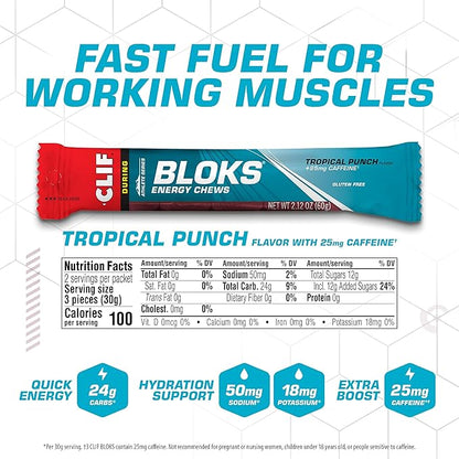 CLIF BLOKS - Tropical Punch Flavor with Caffeine - Energy Chews - Non-GMO - Plant Based - Fast Fuel for Cycling and Running - Quick Carbohydrates and Electrolytes - 2.12 oz. (18 Count)