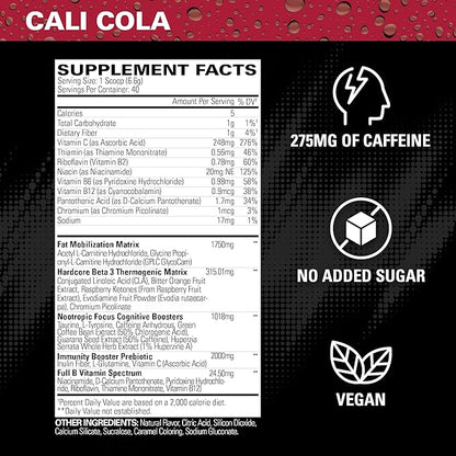 EHP Labs OxyShred Hardcore Super Dosed Pre Workout Powder - Preworkout Powder with L Glutamine & Acetyl L Carnitine, Energy Boost Drink - 275mg of Caffeine - Cali Cola, 40 Servings