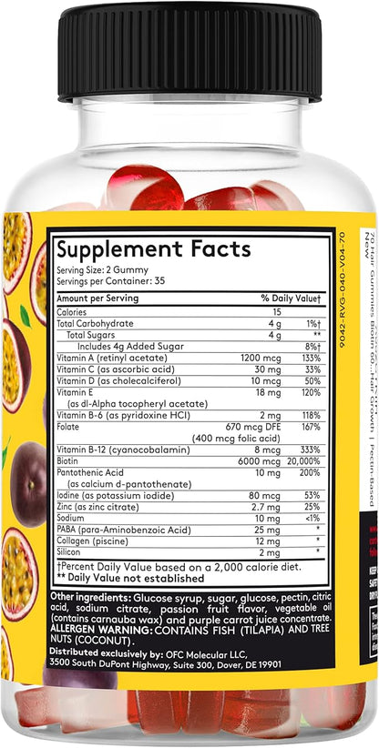 70 Hair Gummies Biotin 6000mcg Collagen Silicon PABA & Multivitamins | Hair Skin and Nails Vitamins Gummy for Women | B Complex Folic Acid 400mcg Vitamin A C D E & Zinc for Hair Growth | Pectin-Based