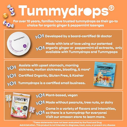 Tummydrops, Natural Peppermint, Gluten Free & Vegan, 33 Individually Wrapped Pure Peppermint Oil Lozenges Made with Organic Ingredients