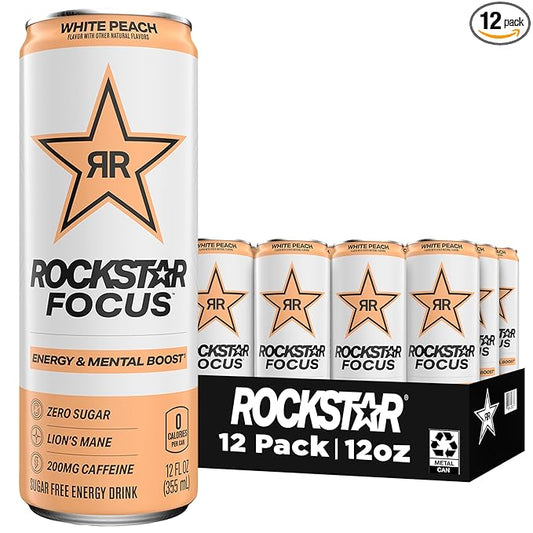 Rockstar Focus, White Peach, 12 Fl Oz Cans (Pack of 12)