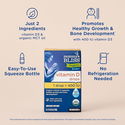 Mommy's Bliss Organic Baby Vitamin D Drops | Promotes Healthy Growth and Bone Development | Age Newborn+ | 0.11 Fl Oz (100 Servings) | Pack of 2