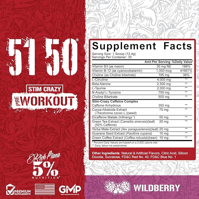 Rich Piana 5% Nutrition 5150 High Stim Pre-Workout Powder | Extreme Energy, Focus, Pumps & Endurance | 400 mg Caffeine, Citrulline, Beta Alanine, N-Acetyl L-Tyrosine | 30 Srvgs (Wildberry)