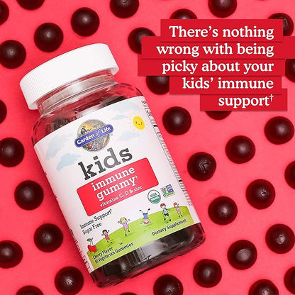 Garden of Life Kids Immune Support Gummies with Vitamin C, D as D3 & Zinc for 3-in-1 Daily Children’s Immunity – Organic, Non-GMO, Gluten-Free, Vegetarian, Sugar Free, Cherry Flavor, 30 Day Supply