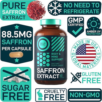 Saffron Supplements for Women and Men - 88.5mg Pure Saffron Extract - Antioxidant, Eye Health, Energy Support and Mood Booster - Vegan, Made in USA, 60 Organic Saffron Capsules Once Daily