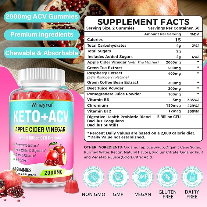 Apple Cider Vinegar Gummies, Keto ACV Gummies 2000mg, Formulated with Green Tea Extract, Probiotics & B12, ACV Gummies for Metabolism, Digestion, 360 Gummies