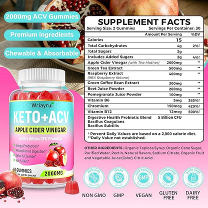 Apple Cider Vinegar Gummies, Keto ACV Gummies 2000mg, Formulated with Green Tea Extract, Probiotics & B12, ACV Gummies for Metabolism, Digestion, 360 Gummies