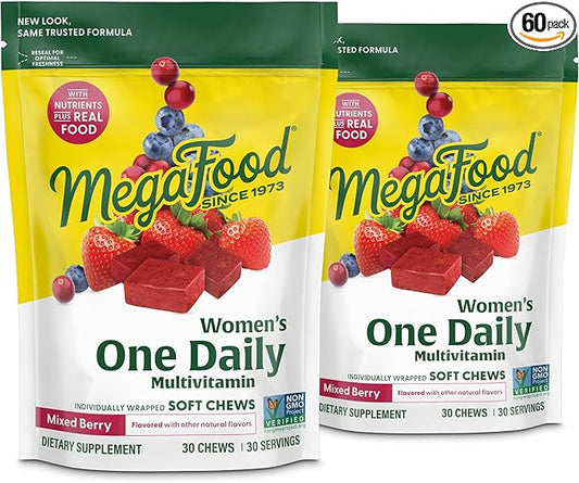MegaFood Women's One Daily Multivitamin Soft Chews- Multivitamin for Women with Folate, Vitamin B6, Vitamin B12, Biotin, Vitamin D- Delicious Mixed Berry Flavor- Vegetarian, Non-GMO- 30 Chews(2 Pack)