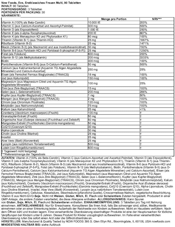 NOW Supplements, Eve™ Women's Multivitamin with Cranberry, Alpha Lipoic Acid and CoQ10, Plus Superfruits - Pomegranate, Acai & Mangosteen, 90 Tablets (Pack of 2)