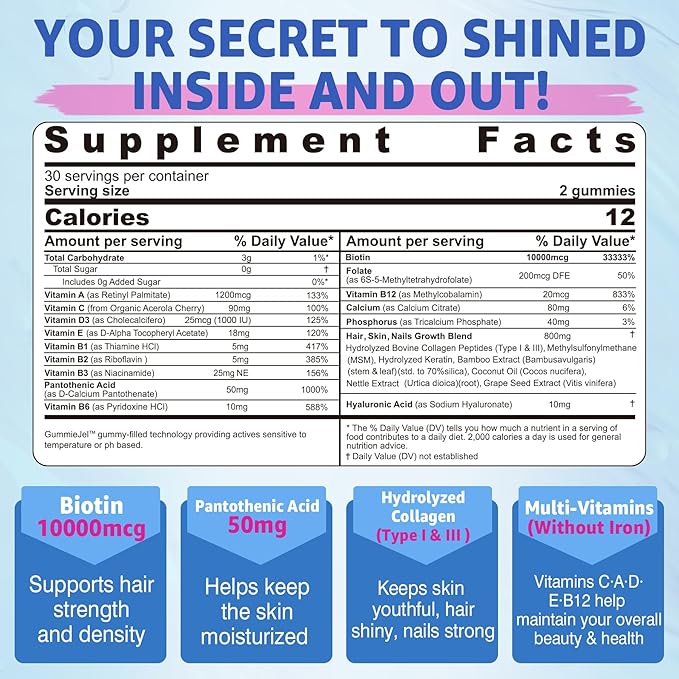 Sugar Free Biotin 1000mcg Collagen Filled Gummies, Multivitamin for Women Hair Skin and Nails Vitamins for Hair Growth, with Hydrolyzed Collagen Peptide hyaluronic Acid MSM Vitamin A C D3 E B Complex