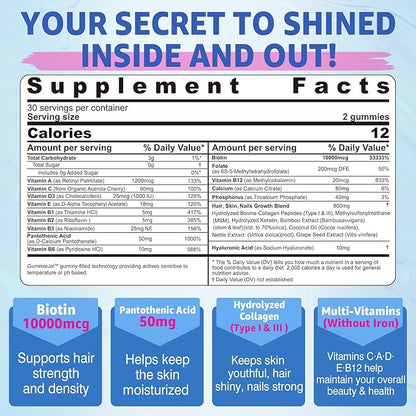 Sugar Free Biotin 1000mcg Collagen Filled Gummies, Multivitamin for Women Hair Skin and Nails Vitamins for Hair Growth, with Hydrolyzed Collagen Peptide hyaluronic Acid MSM Vitamin A C D3 E B Complex