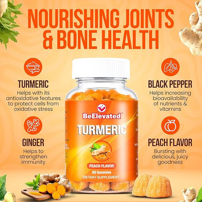 Turmeric Gummies for Adults - Extract 8:1 2000mg - Black Pepper and Ginger Supplements for Joint Support - Vegetarian Chewable Vitamins Supplement - Peach Flavor Gummy Chews - Pack of 2