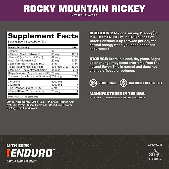 MTN OPS Enduro Nitric Oxide Stim Free Pre Workout | Magnesium Citrate, L Arginine & L Citrulline Caffeine Free Preworkout | 30 Serving Rocky Mountain Ricky