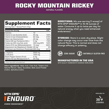 MTN OPS Enduro Nitric Oxide Stim Free Pre Workout | Magnesium Citrate, L Arginine & L Citrulline Caffeine Free Preworkout | 30 Serving Rocky Mountain Ricky