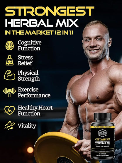 Cistanche Tubulosa 200mg & Tongkat Ali 400mg (Max Purity) 2 Month Supply (50% Echinacoside + 10% Acetoside with Tongkat Ali for Men 200:1 (Longjack) Eurycoma Longifolia) similar to Fadogia Agrestis
