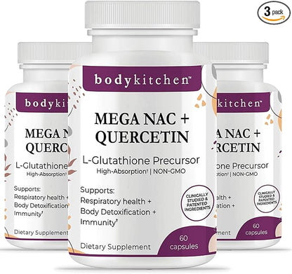 Body Kitchen Mega NAC (N-Acetyl Cysteine) 600 mg with Quercetin, Supports Respiratory Health and Immune Function and Promotes Liver and Kidney Detox, Veggie Caps, (Pack of 3)