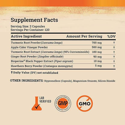 Turmeric Curcumin Supplement with Ginger & Apple Cider Vinegar (240 Count) - BioPerine Black Pepper, Tumeric & Ginger - 95% Curcuminoids & Joint Supplement - Antioxidant Tumeric Supplements Capsules