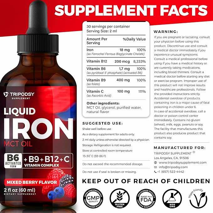 Iron Supplement for Women and Men - Iron Drops with B6, B9, B12, Vitamin C, Iron Vitamin for Anemia, Blood Builder, Folate for Red Blood Cell and Immune Support, MCT Oil (2 Fl Oz, Mixed Berry)