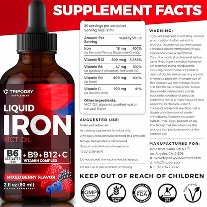 Iron Supplement for Women and Men - Iron Drops with B6, B9, B12, Vitamin C, Iron Vitamin for Anemia, Blood Builder, Folate for Red Blood Cell and Immune Support, MCT Oil (2 Fl Oz, Mixed Berry)