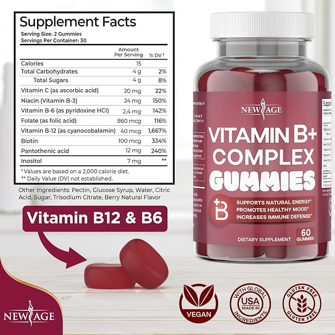 NEW AGE Vitamin B Complex Gummies with Vitamin B3, B6, & B12 – with Biotin, Folic Acid & Vitamin C – Gluten-Free, Vegan, Made in The USA! (120 Count (Pack of 2))