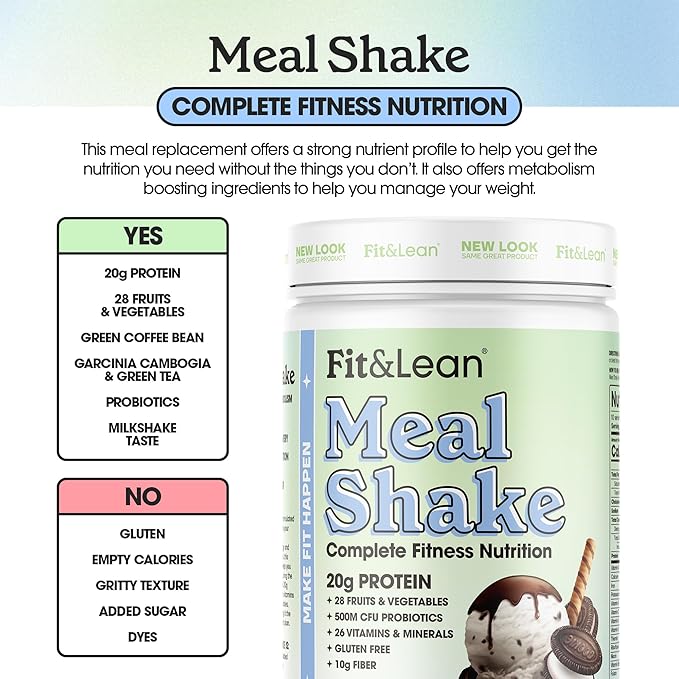 Fit & Lean Meal Shake, Fat Burning Meal Replacement, Meal Replacement with Protein, Fiber, Probiotics and Organic Fruits & Vegetables, Cookies and Cream, 1lb, 10 Servings Per Container