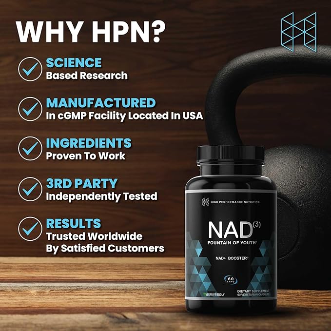 HPN NAD+ Booster (NAD3), Anti Aging Cell Booster, NRF2 Activator, Nicotinamide Riboside Alternative, NAD Supplement Natural Energy, Longevity, and Cellular Health, 312 Mg per Serving (1 Month Supply)