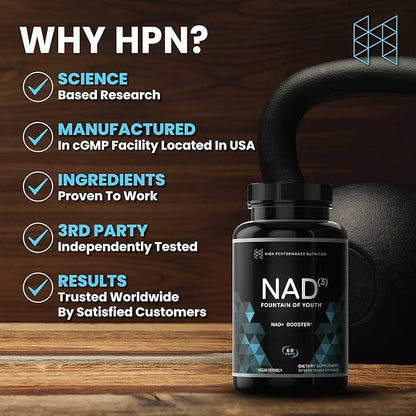 HPN NAD+ Booster (NAD3), Anti Aging Cell Booster, NRF2 Activator, Nicotinamide Riboside Alternative, NAD Supplement Natural Energy, Longevity, and Cellular Health, 312 Mg per Serving (1 Month Supply)
