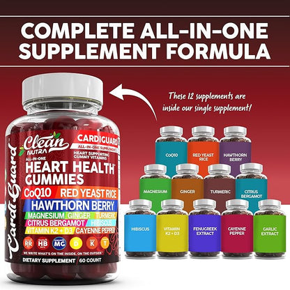 Coq10 Gummies | Red Yeast Rice Hawthorn Berry Ginger Turmeric Citrus Bergamot Hibiscus Vitamin K2+D3 Magnesium Glycinate Cayenne Pepper Fenugreek Orange Flavor CardiGuard by Clean Nutra