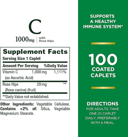 Nature's Bounty Vitamin C + Rose Hips, Immune Support, 1000mg, Coated Caplets, 100 Ct