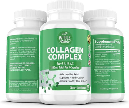 Multi Collagen Protein Peptides Supplement Capsules - 1800mg Collagen Complex Types I, II, III, V, X - Joint Support, Healthy Hair, Skin, Nails, Beauty Vitamins, 100% Natural, Non-GMO 180ct (2)