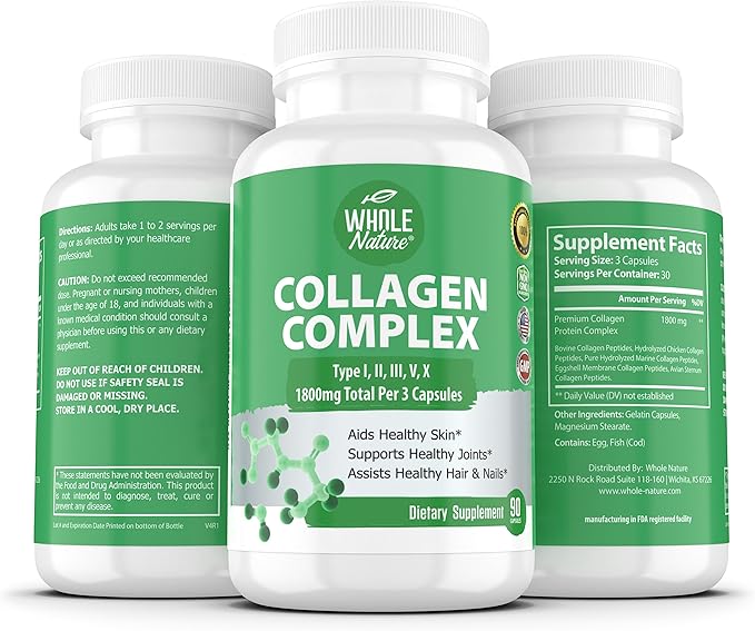 Multi Collagen Protein Peptides Supplement Capsules - 1800mg Collagen Complex Types I, II, III, V, X - Joint Support, Healthy Hair, Skin, Nails, Beauty Vitamins, 100% Natural, Non-GMO 270ct (3)