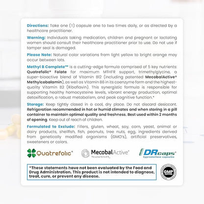 Methyl B Complete - 60 Vegetable Capsules | Optimal Methylation Support Supplement with Quatrefolic 5-MTHF (Active folate), Methylcobalamin (Active B12), B2, B6, and TMG | Pharmaceutical Grade
