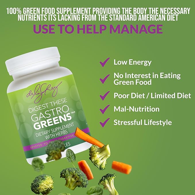 Dr. Liz Cruz Gastro Greens - Greens Supplement, Dietary Supplements with Herbs, Supplements for Women, Men, and Children, Non-GMO, Whole Food Based, 90 Veggie Capsules