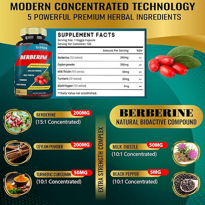 Berberine Extract Capsules, 4 Months Supply & Ceylon, Milk Thistle, Turmeric, Black Pepper | Immune Function Supports, Weight Management Supplements