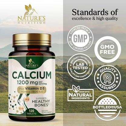 Calcium 1200 mg with Vitamin D3, Calcium Supplement Vitamins, Supports Bone Strength, Teeth & Immune System, Calcium Supplements for Women & Men, Nature's Absorbable Calcium Carbonate - 120 Tablets
