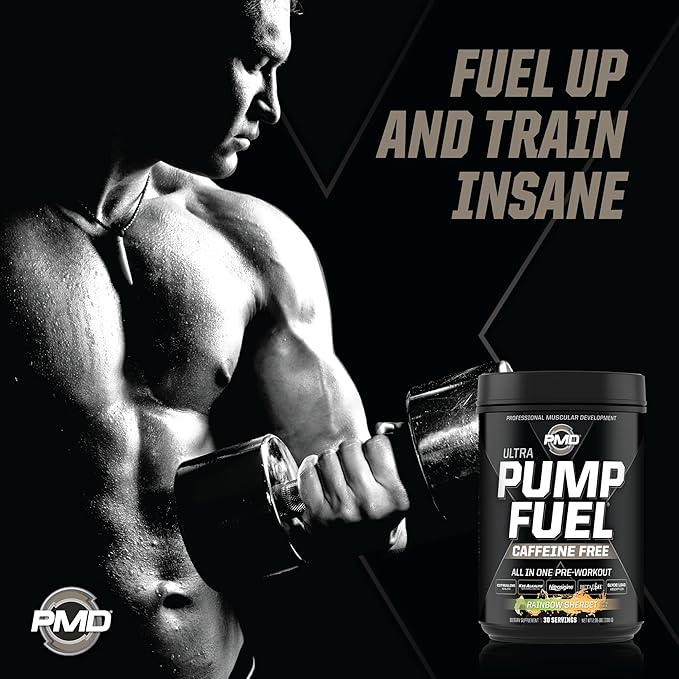 PMD Sports Ultra Pump Fuel Caffeine Free - Pre Workout Drink Mix - Energy, Strength, Endurance, Recovery Complex Carbohydrates and Amino Energy - Rockin Rainbow Sherbet (30 Servings)