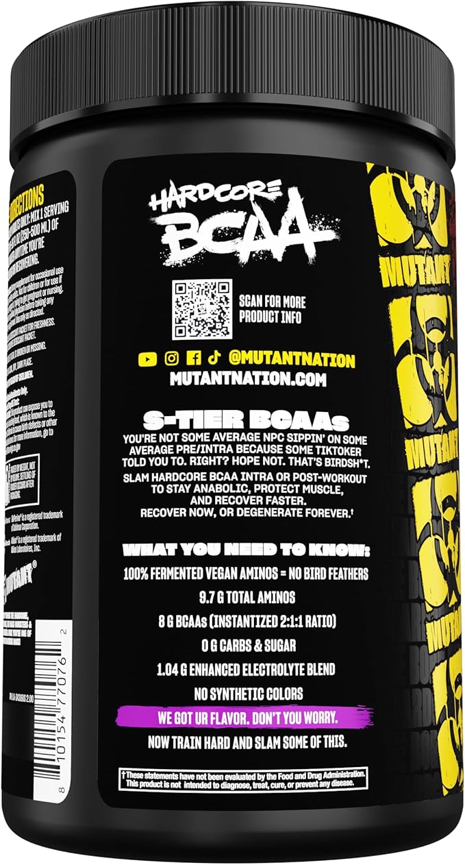 Mutant Hardcore BCAA - Pre, Intra or Post Workout – BCAA Next Level branched-Chain Amino Acids Supplement – Hydration + Recovery - 30 Serving - Grape