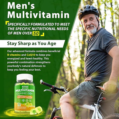 Multivitamin For Men 50 + Plus, Sugar Free Men Multivitamins Gummies w/Omega-3, Coq10, D3k2, Calcium, Magnesium, Zinc, Vitamins A, C & E, Mens Vitamins for 𝖧𝖾❤𝖱𝗍, Antioxidant, Brain, Bone, 60cts