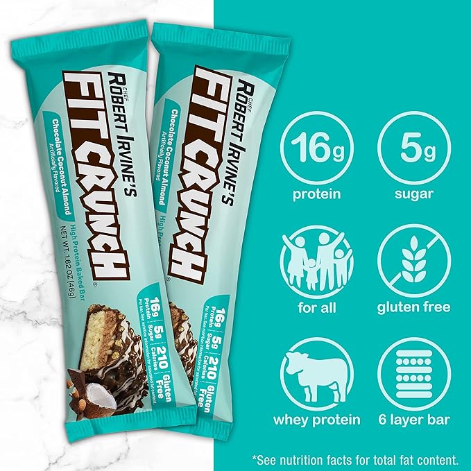 FITCRUNCH Snack Size Protein Bars, 6-Layer Baked Bar, 5g of Sugar & Soft Cake Core (9 Bars, Chocolate Coconut Almond)