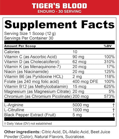 MTN OPS Enduro Nitric Oxide Supplement & Stim-Free Pre Workout - 30 Servings - with Magnesium Citrate, Beet Root Powder, Niacinamide, L Arginine & L Citrulline - Tiger's Blood Flavor