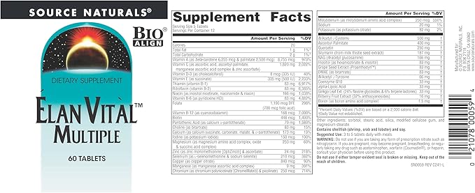 Source Naturals Elan Vital Multiple - Supports Brain, Heart, Liver, Immune, Energy Boost* - 60 Tablets